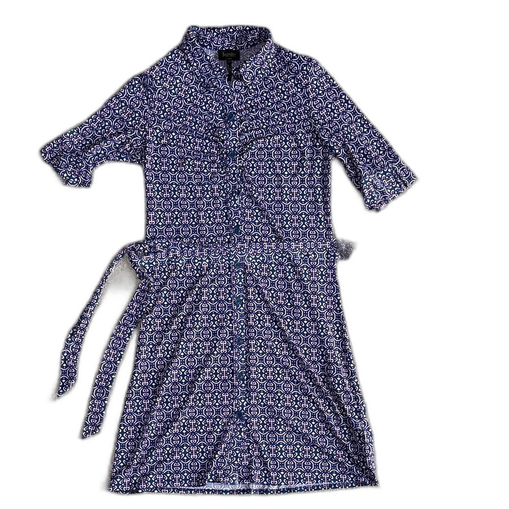 Laundry By Shelli Segal Blue Print Midi Tie Dress Size 12 Faux Wrap Business